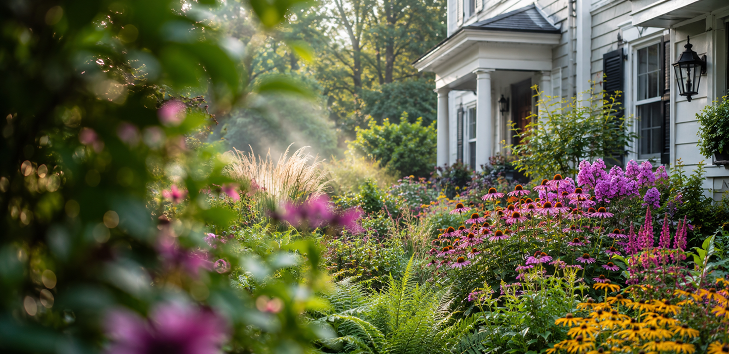 Native plant garden bursting with summer color in front of a Virginia farmhouse