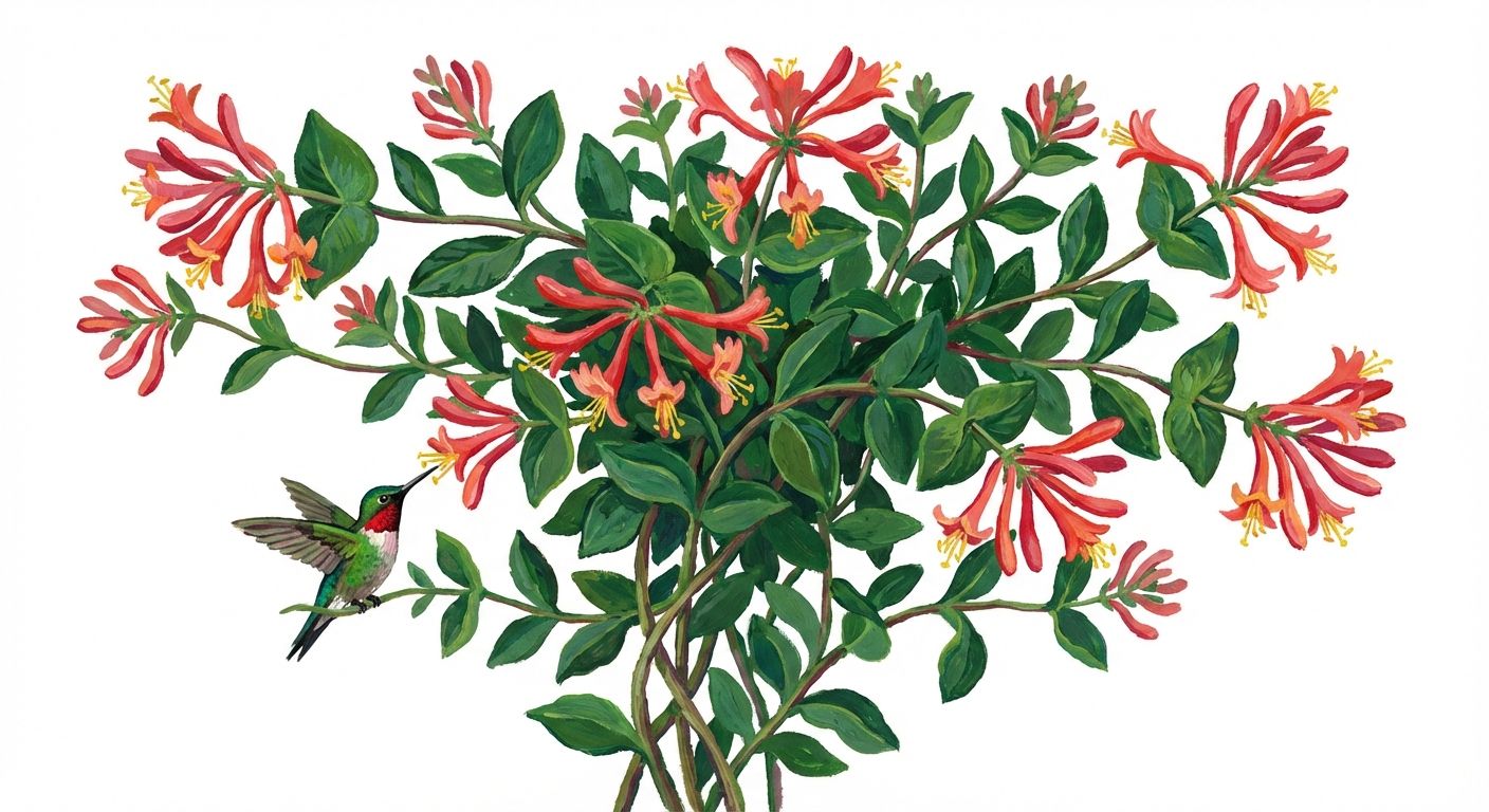 Coral Honeysuckle 'Magnifica' (Lonicera sempervirens 'Magnifica'), colorful illustration