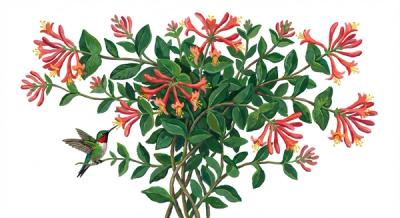 Coral Honeysuckle 'Magnifica' (Lonicera sempervirens 'Magnifica'), colorful illustration