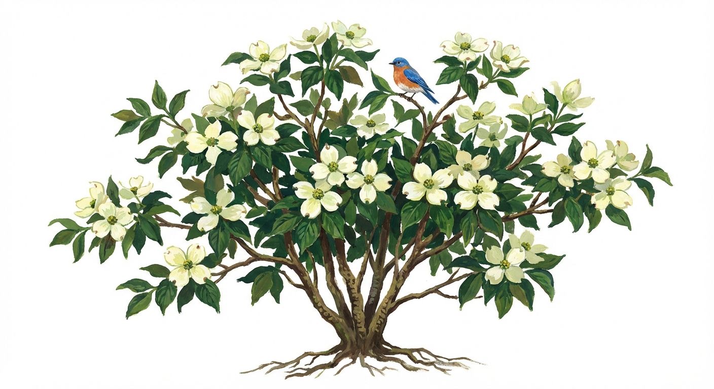 Flowering Dogwood (Cornus florida), colorful illustration