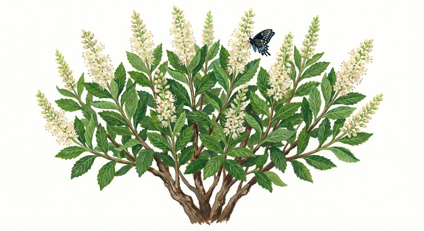 Dwarf Summersweet '16 Candles' (Clethra alnifolia '16 Candles'), colorful illustration