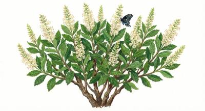 Dwarf Summersweet '16 Candles' (Clethra alnifolia '16 Candles'), colorful illustration
