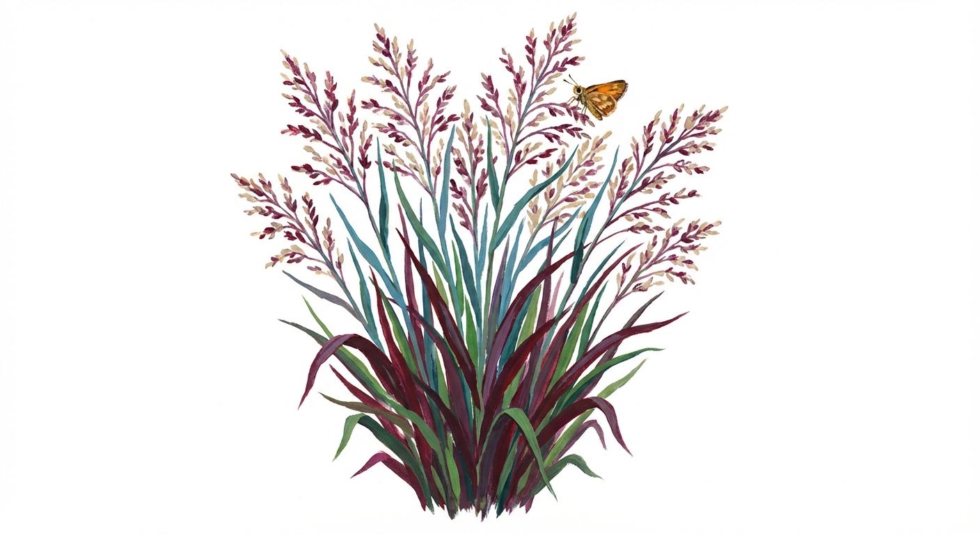 Shenandoah Switchgrass (Panicum virgatum 'Shenandoah'), colorful illustration