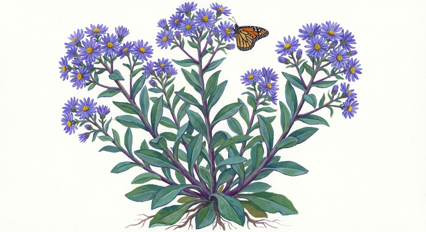Smooth Aster 'Bluebird' (Symphyotrichum laeve 'Bluebird'), colorful illustration