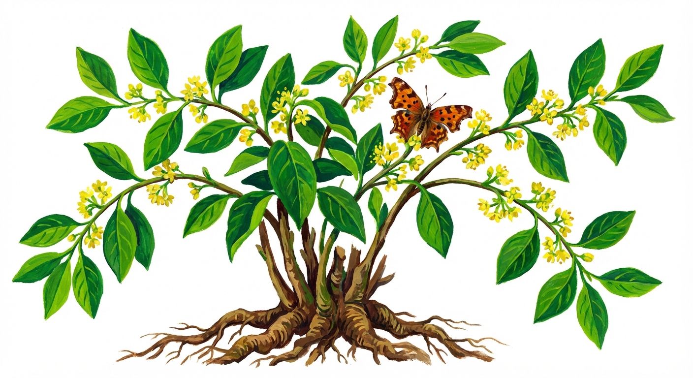 Spicebush (Lindera benzoin), colorful illustration