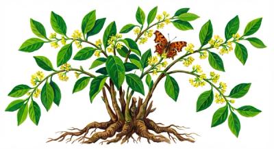 Spicebush (Lindera benzoin), colorful illustration