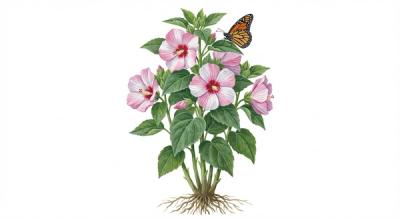 Swamp Mallow Hibiscus (Hibiscus moscheutos), colorful illustration