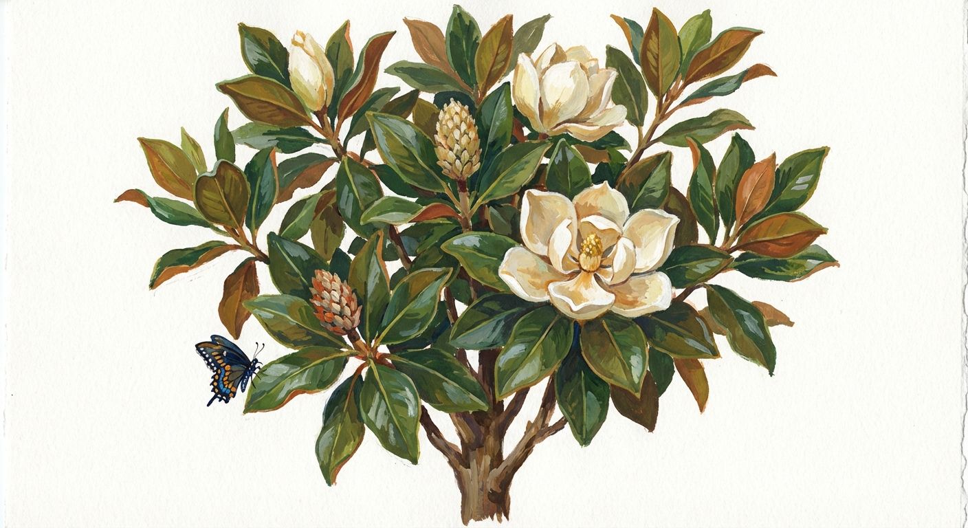 Southern Magnolia (Magnolia grandiflora), colorful illustration