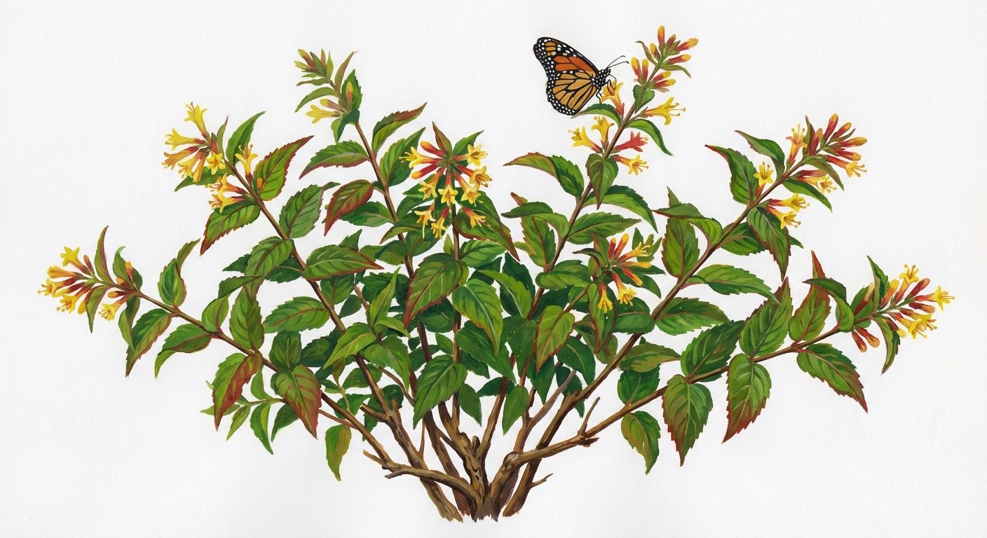 Bush Honeysuckle (Diervilla lonicera), colorful illustration