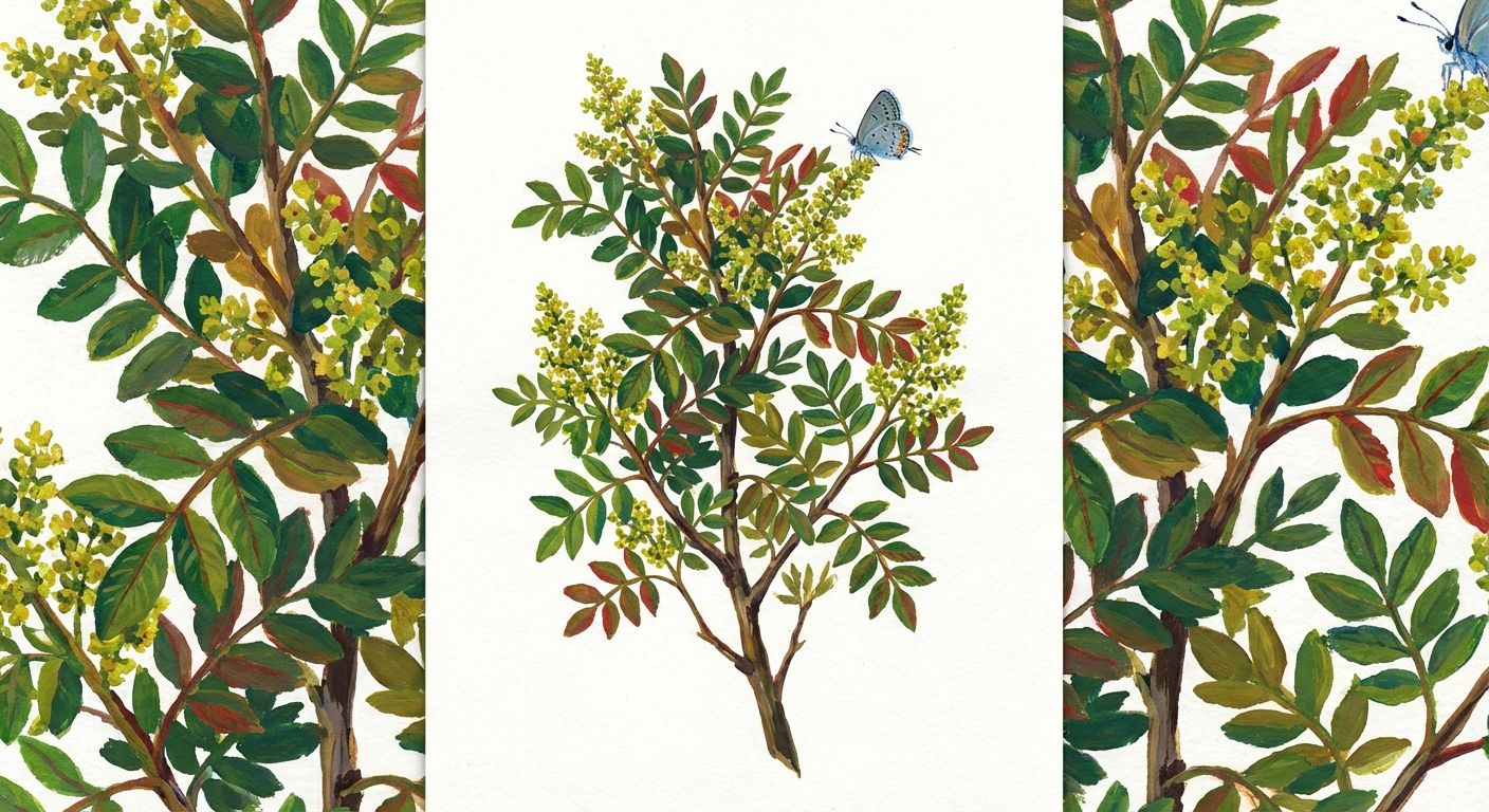 Fragrant Sumac (Rhus aromatica), colorful illustration
