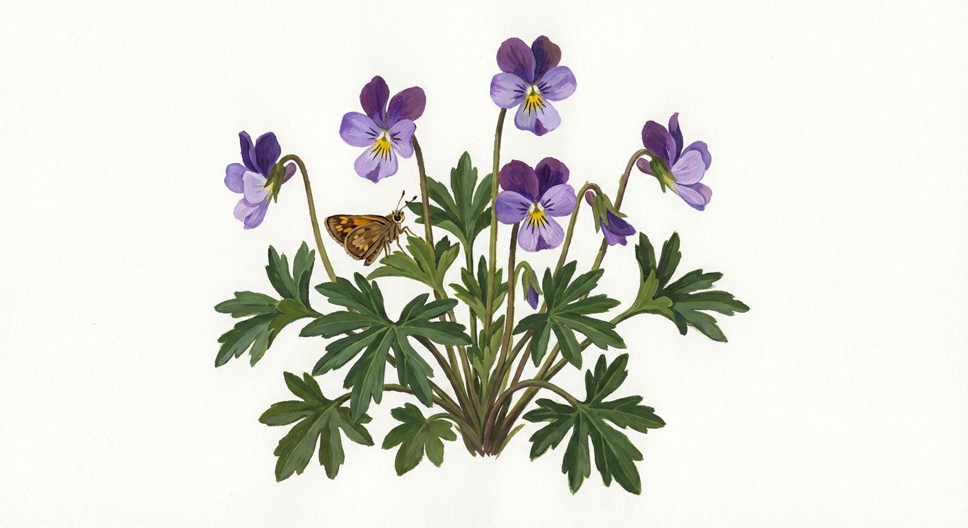 Bird's Foot Violet (Viola pedata), colorful illustration