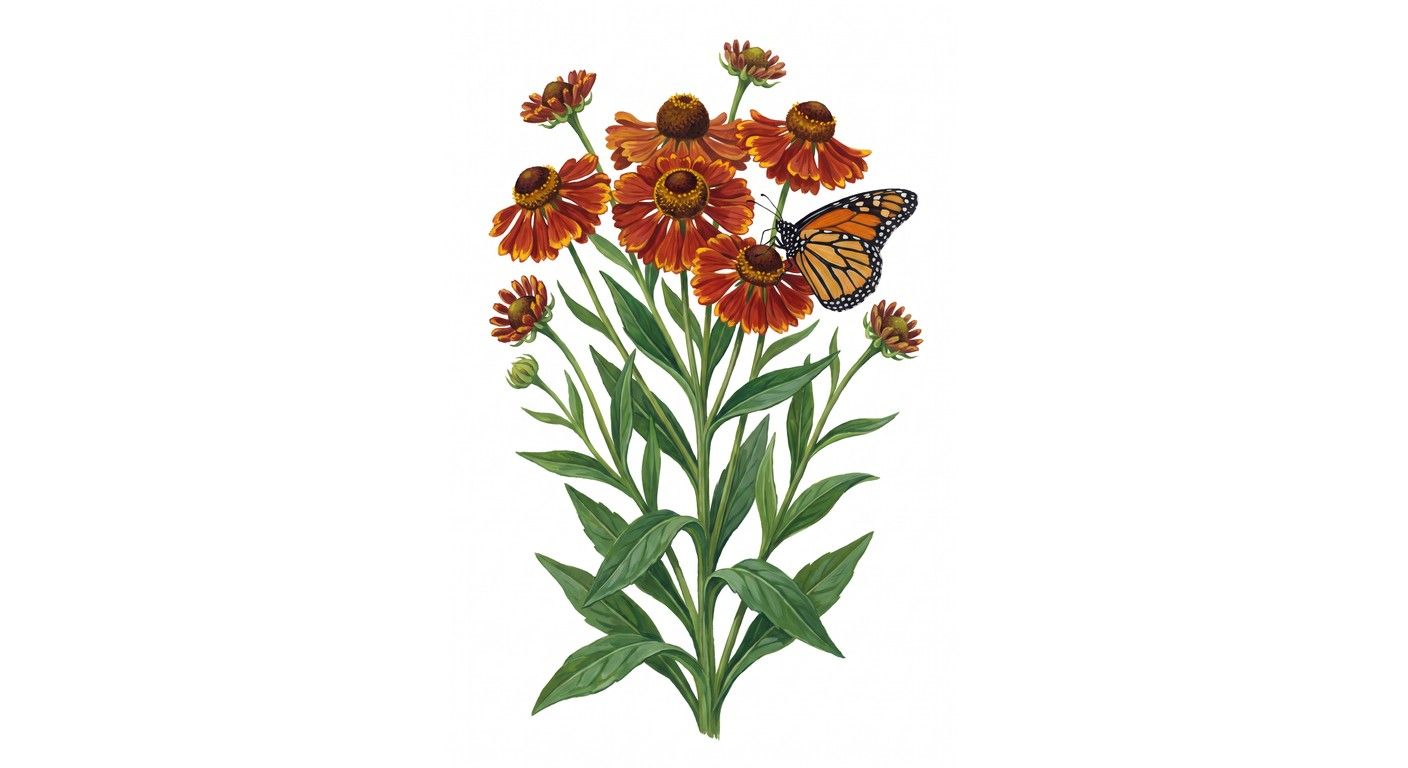 Moerheim Beauty Sneezeweed (Helenium 'Moerheim Beauty'), colorful illustration
