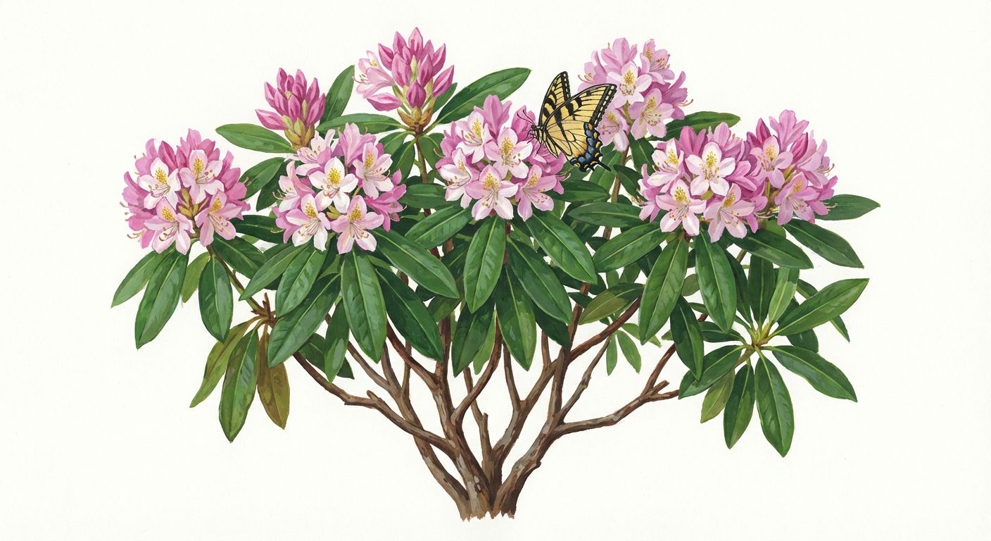 Rosebay Rhododendron (Rhododendron maximum), colorful illustration