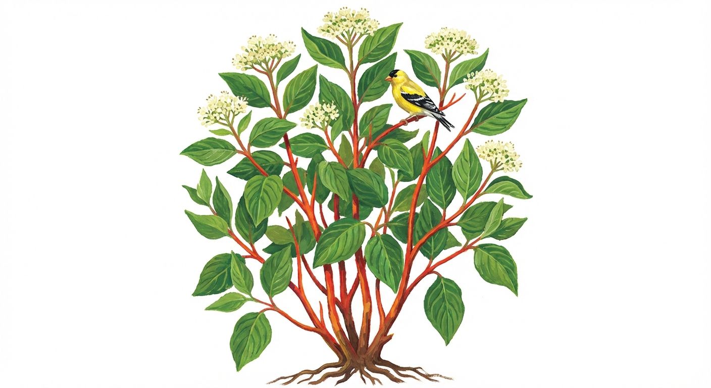 Redtwig Dogwood (Cornus sericea), colorful illustration