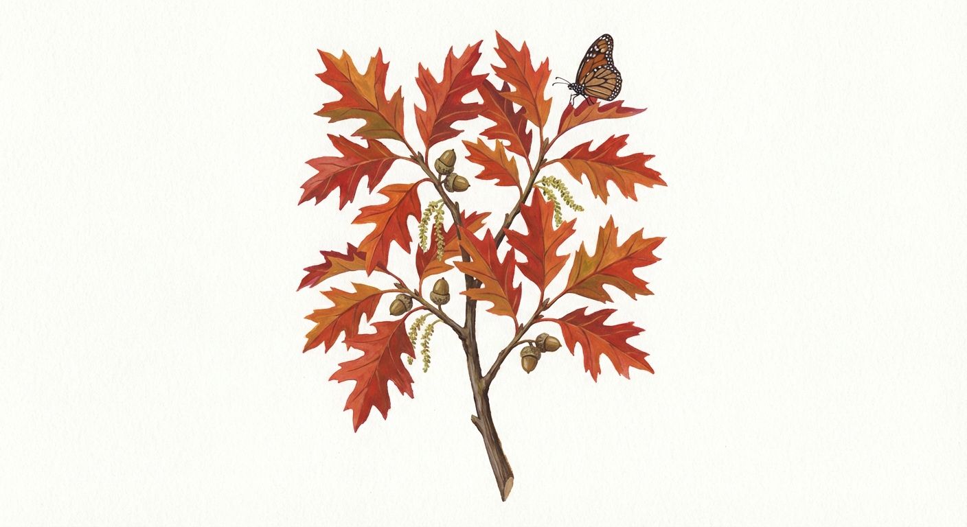 Scarlet Oak (Quercus coccinea), colorful illustration