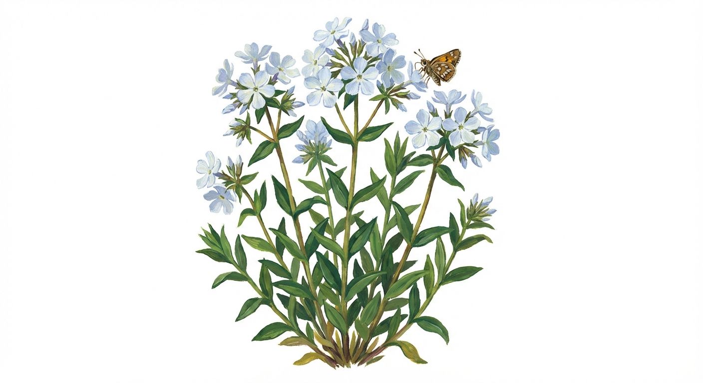 White Woodland Phlox (Phlox divaricata 'May Breeze'), colorful illustration