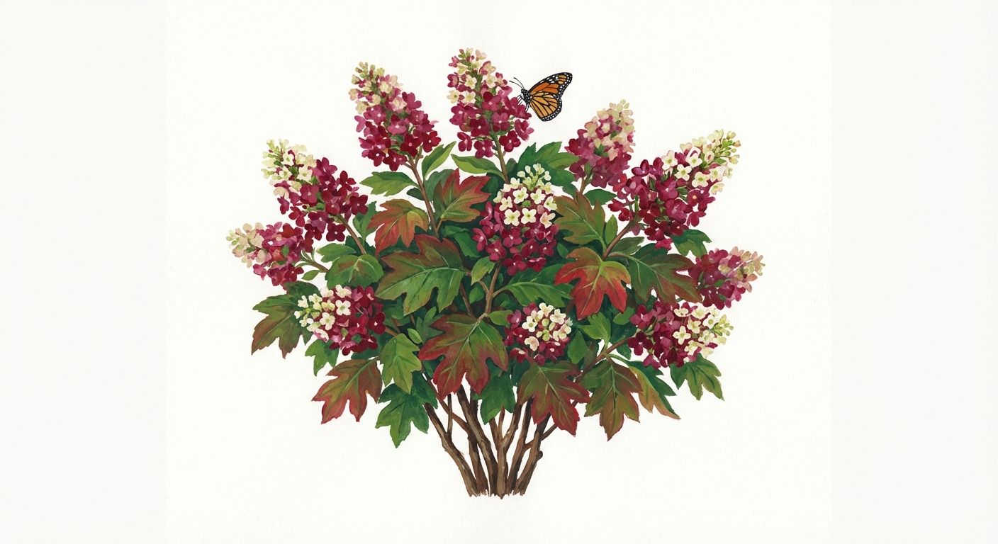 Dwarf Oakleaf Hydrangea 'Ruby Slippers' (Hydrangea quercifolia 'Ruby Slippers'), colorful illustration