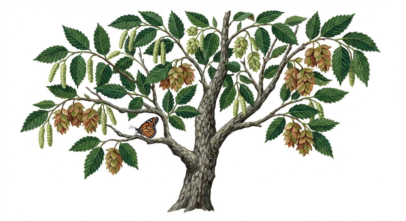 Hop Hornbeam (Ostrya virginiana), colorful illustration