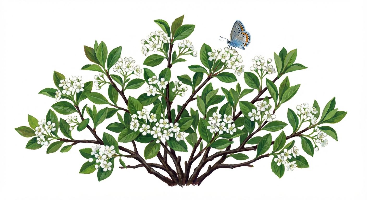 Low Scape Mound Chokeberry (Aronia melanocarpa 'Low Scape Mound'), colorful illustration