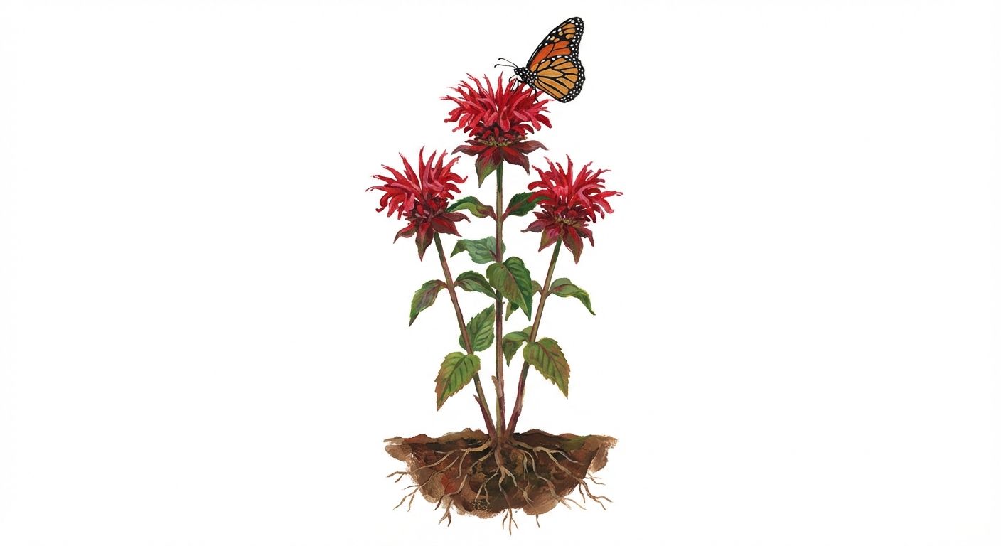 Beebalm (Monarda didyma), colorful illustration