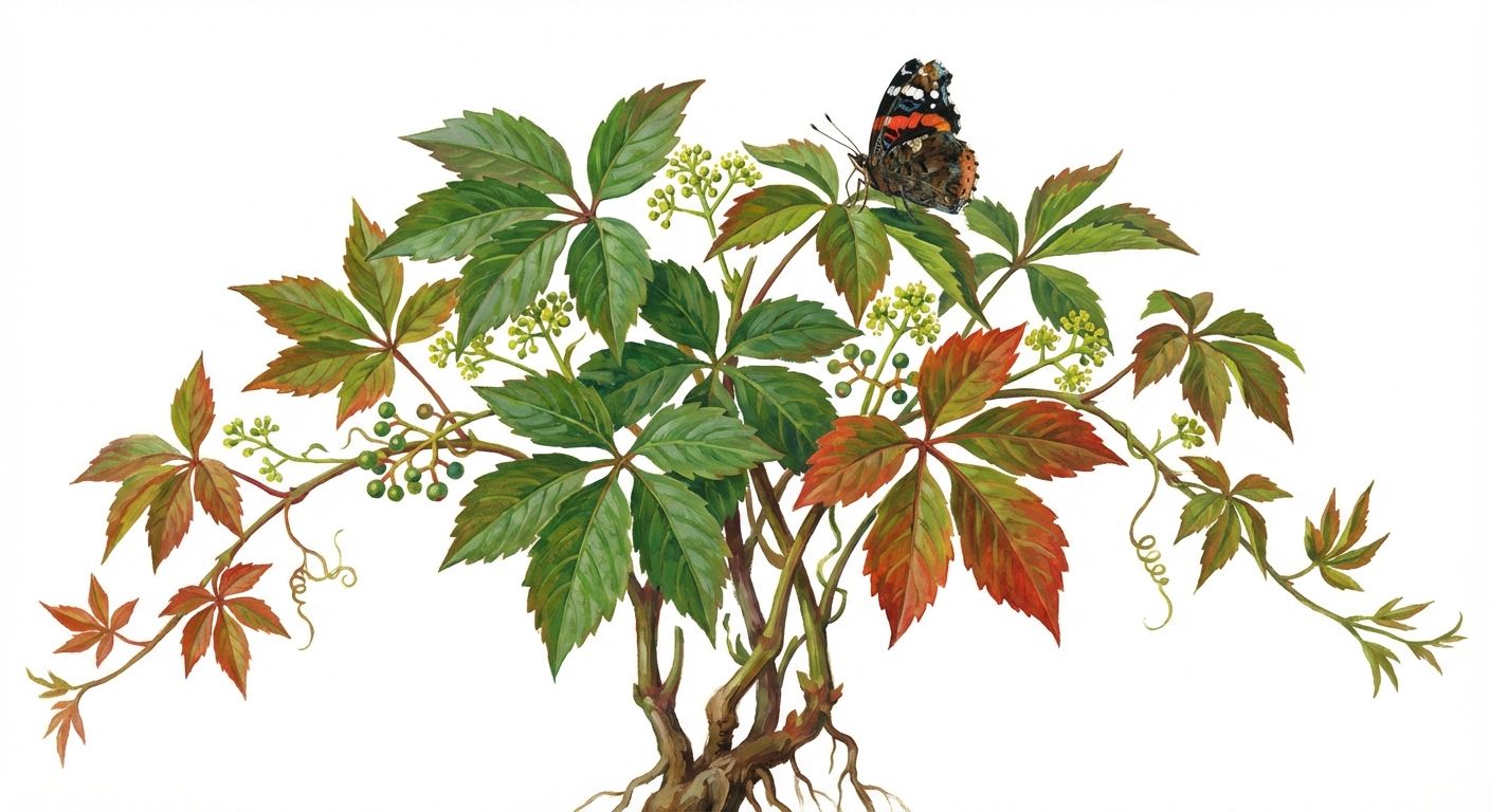 Virginia Creeper (Parthenocissus quinquefolia), colorful illustration