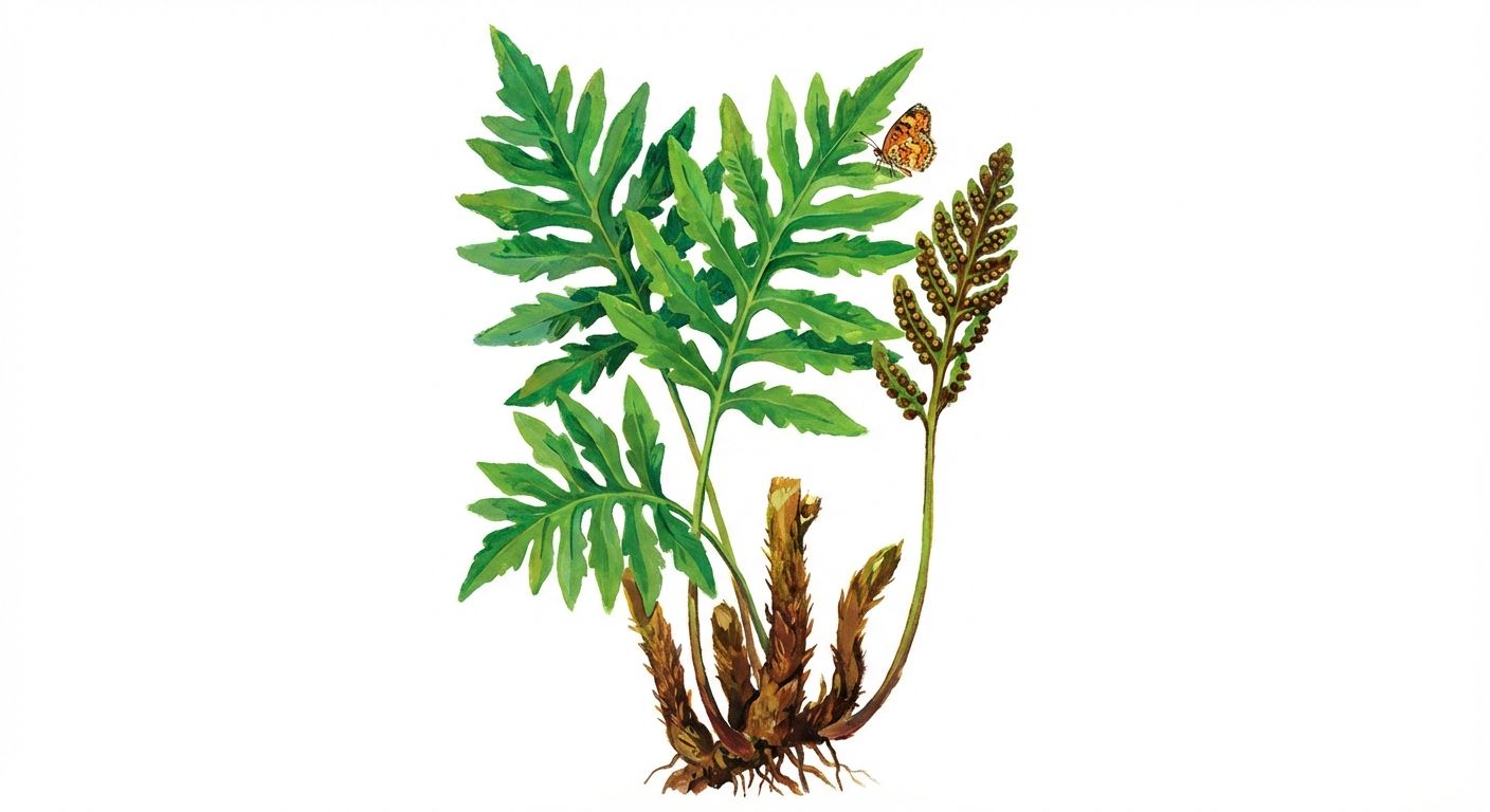 Sensitive Fern (Onoclea sensibilis), colorful illustration
