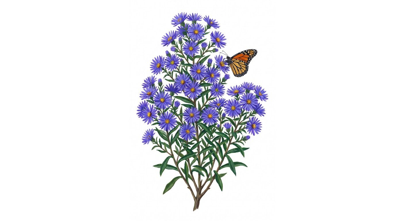 Aromatic Aster 'Raydon's Favorite' (Symphyotrichum oblongifolium 'Raydon's Favorite'), colorful illustration