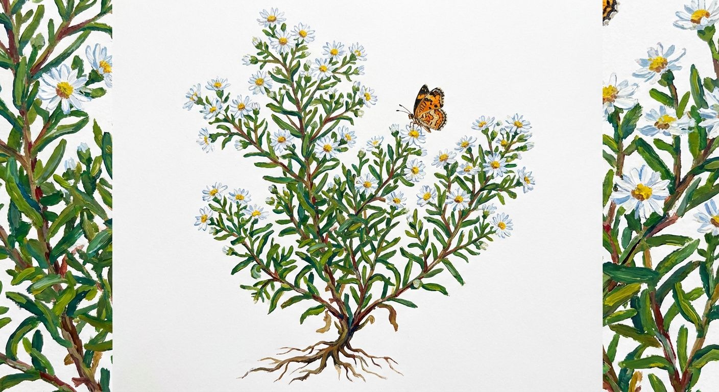 Heath Aster 'Snow Flurries' (Symphyotrichum ericoides 'Snow Flurries'), colorful illustration