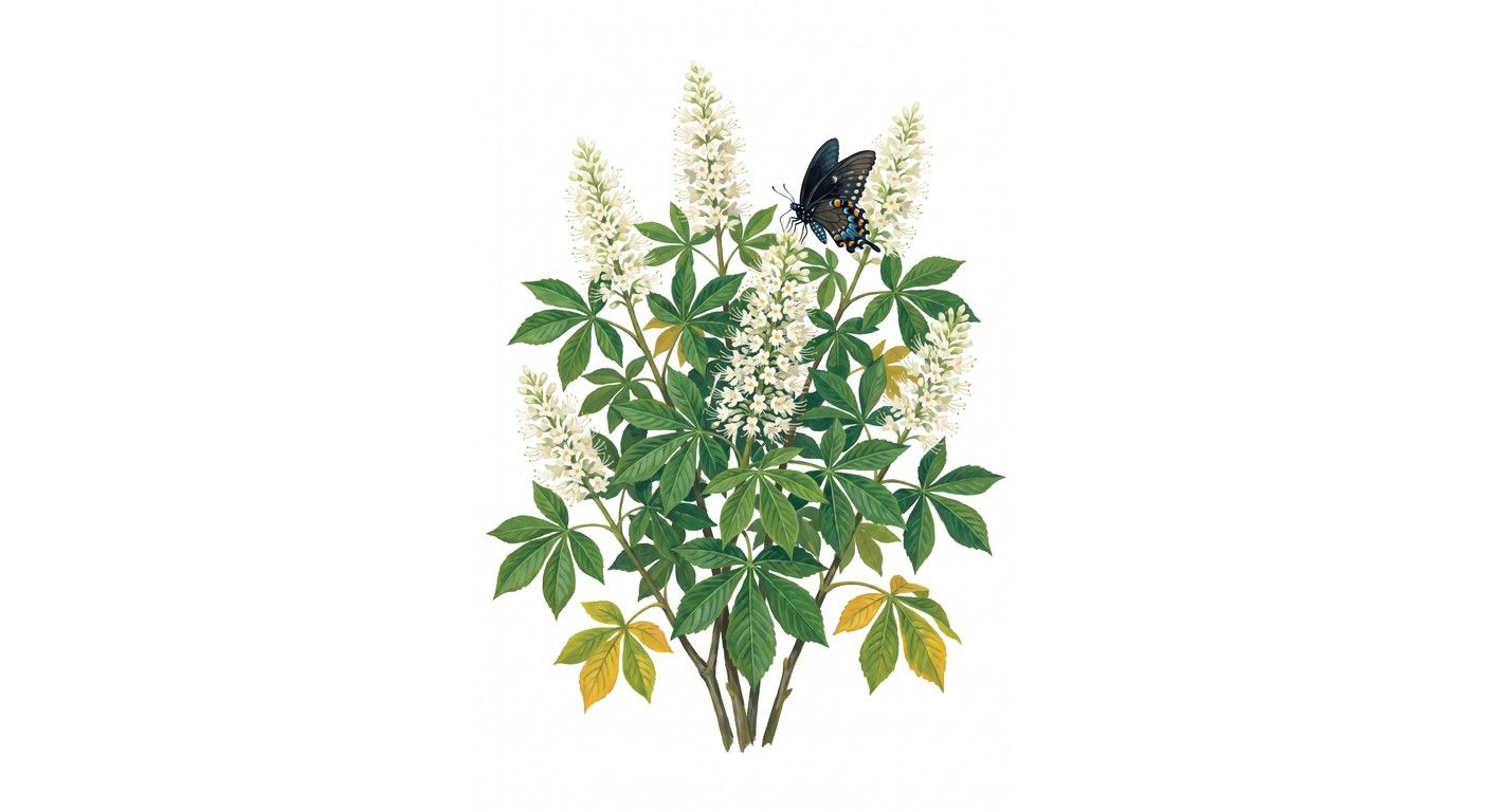 Bottlebrush Buckeye (Aesculus parviflora), colorful illustration
