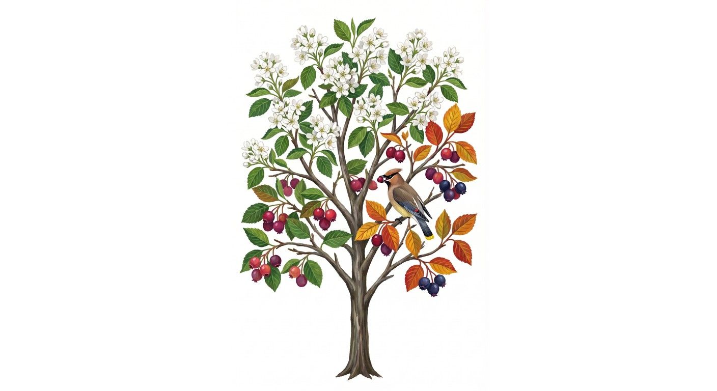 Downy Serviceberry (Amelanchier arborea), colorful illustration