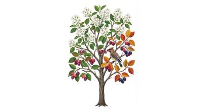 Downy Serviceberry (Amelanchier arborea), colorful illustration