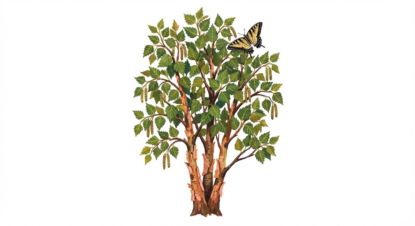 River Birch (Betula nigra), colorful illustration