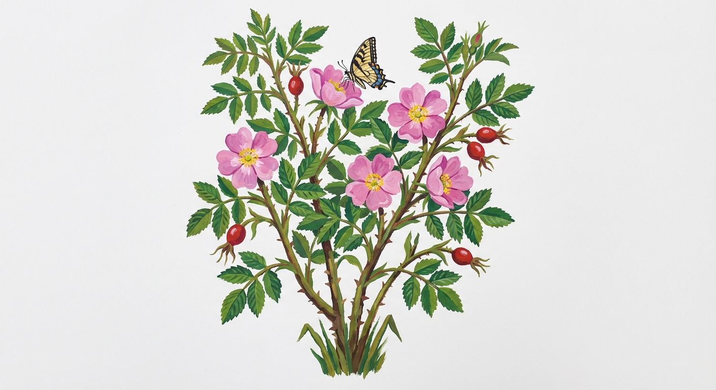 Virginia Rose (Rosa virginiana), colorful illustration