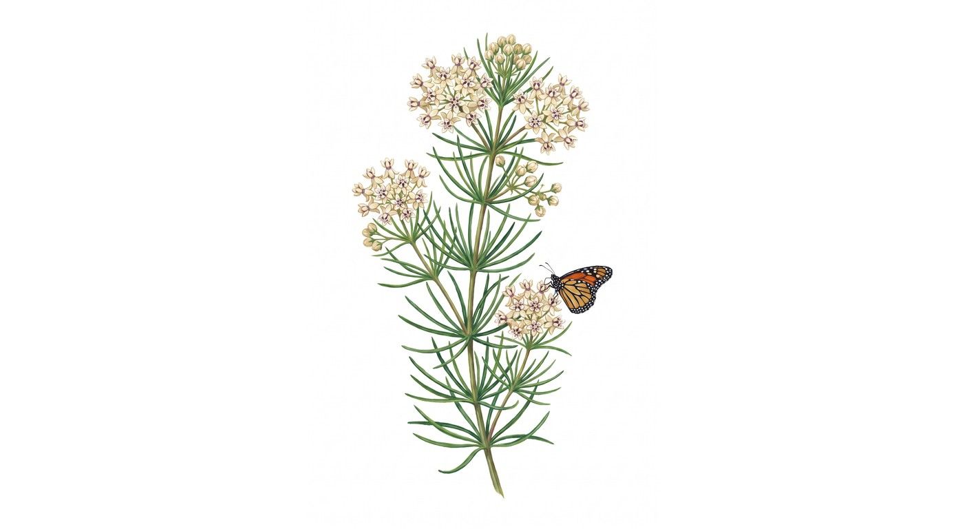 White Whorled Milkweed (Asclepias verticillata), colorful illustration