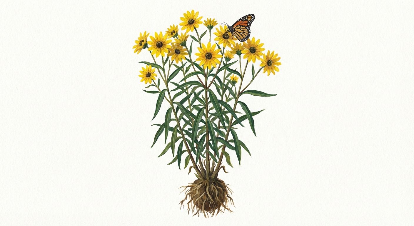 Swamp Sunflower (Helianthus angustifolius), colorful illustration