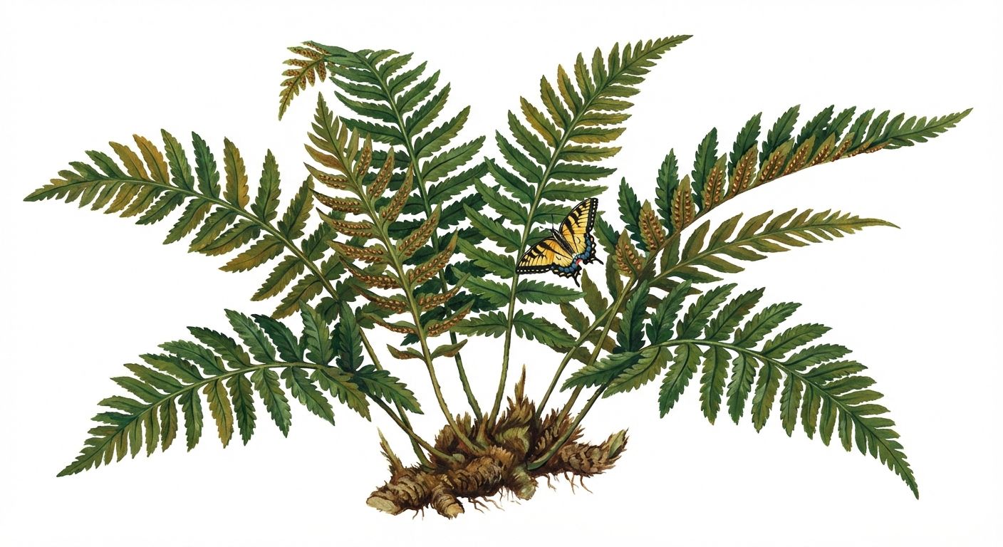 Eastern Woodfern (Dryopteris marginalis), colorful illustration