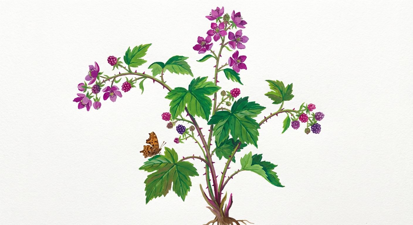 Purple-Flowering Raspberry (Rubus odoratus), colorful illustration