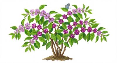 Beautyberry (Callicarpa americana), colorful illustration