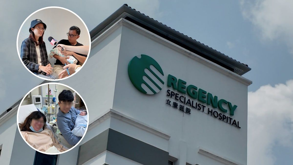 Regency Specialist Hospital building with inset photos of parents holding their newborns