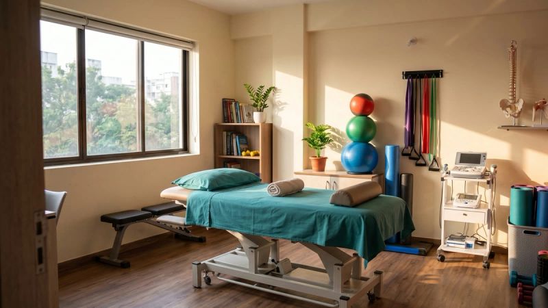 A quiet physiotherapy treatment room in natural light