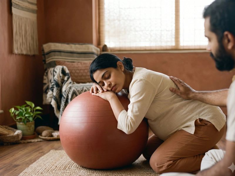 Practising a labour position on a birth ball
