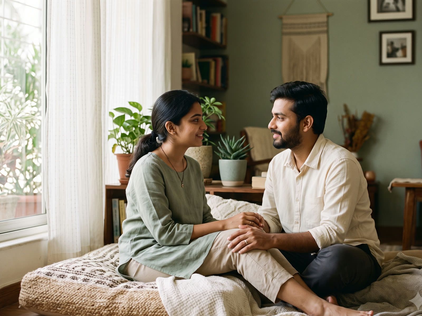 A couple sitting together at home, talking