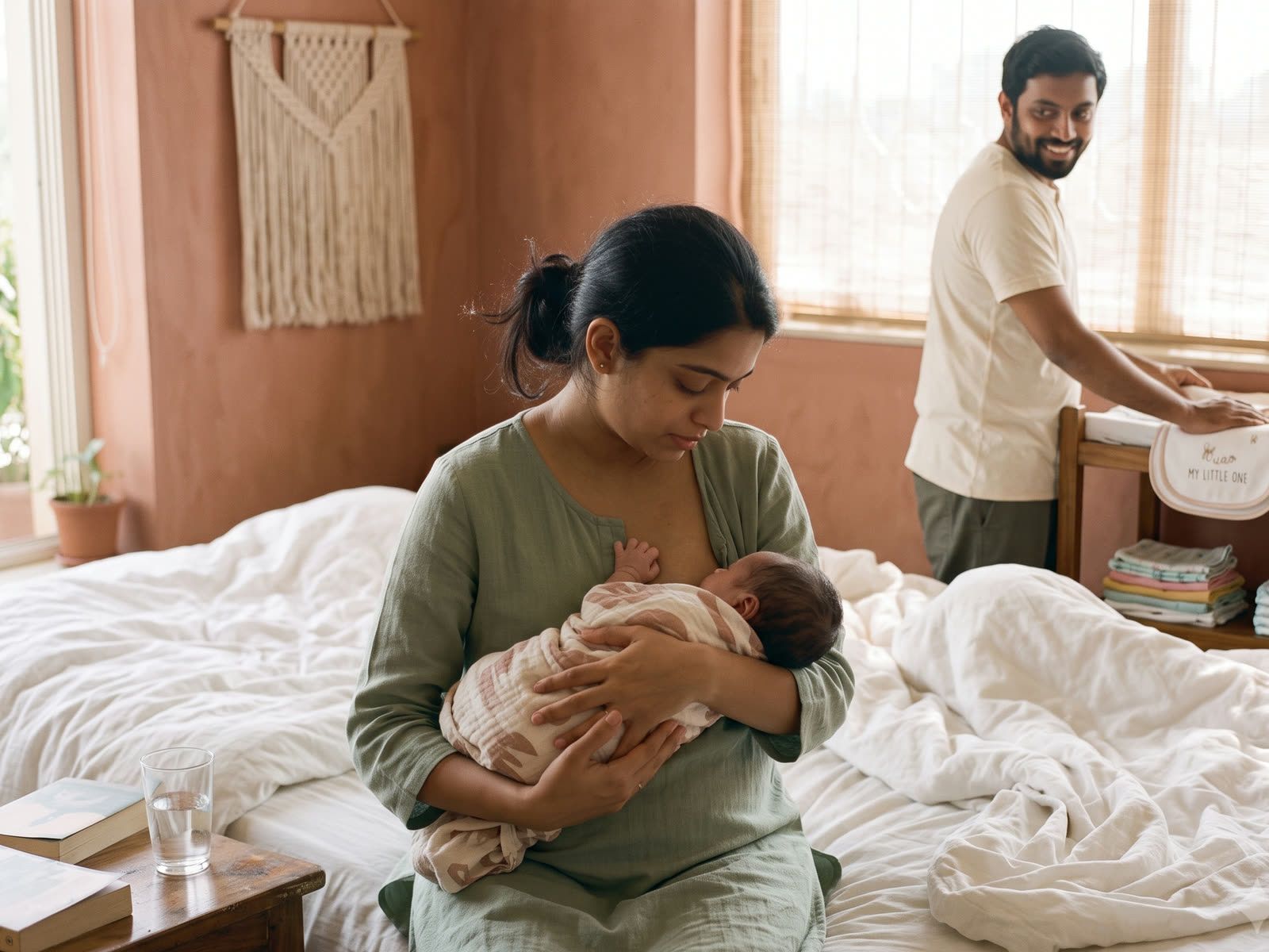 A mother feeding her newborn while her partner tidies the room