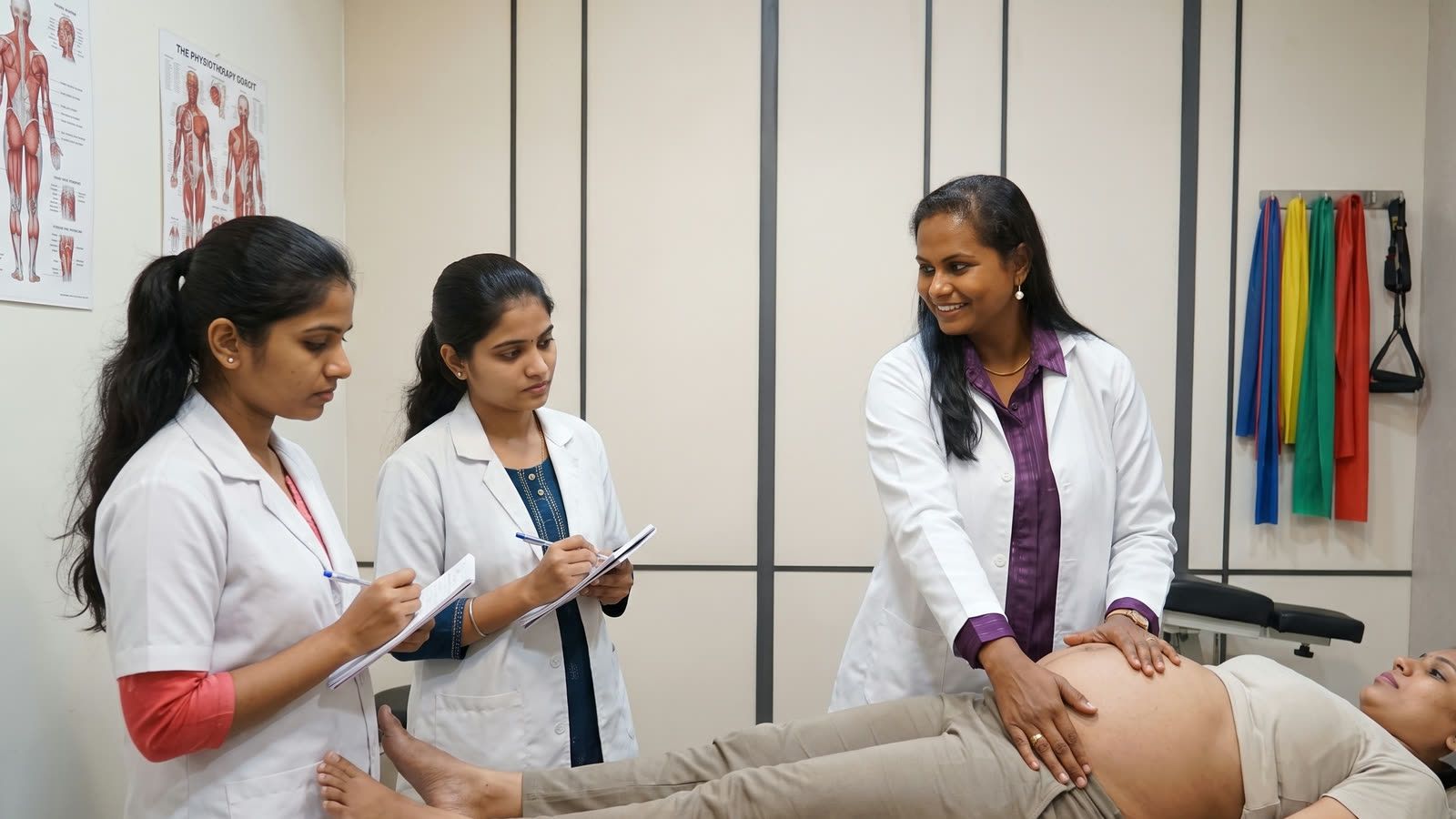 Dr. Reema demonstrating an antenatal assessment to two physiotherapists