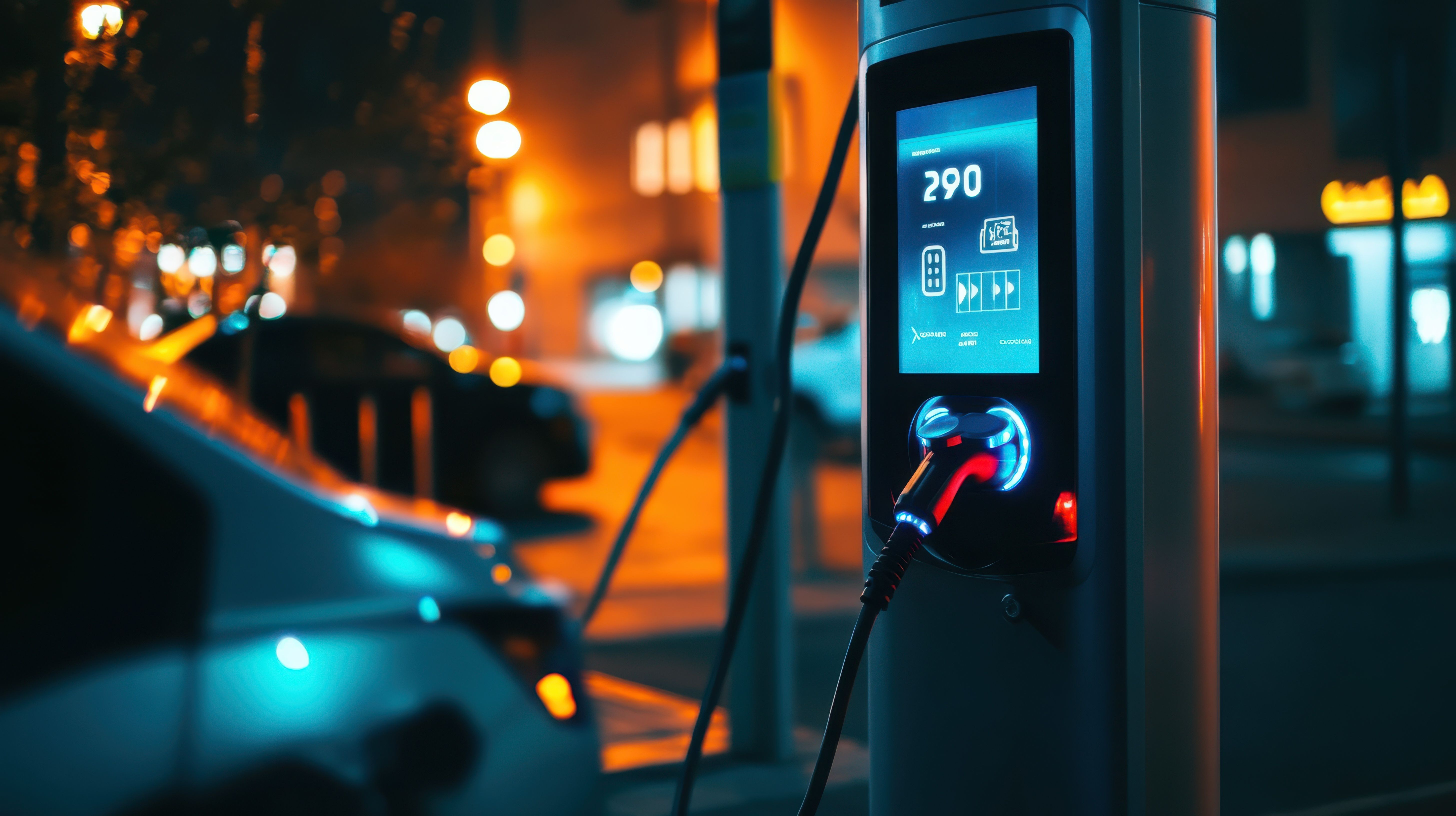 Display einer E-Auto-Ladesäule, zeigt Benutzeroberfläche und Ladeinformationen.