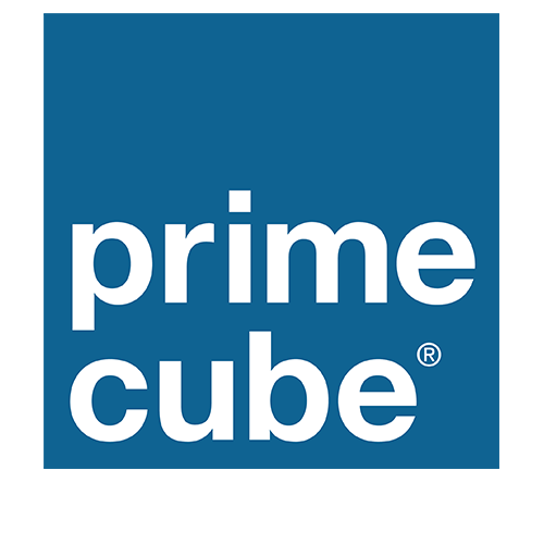 Prime Cube Logo dunkelblau mit weißer Schrift