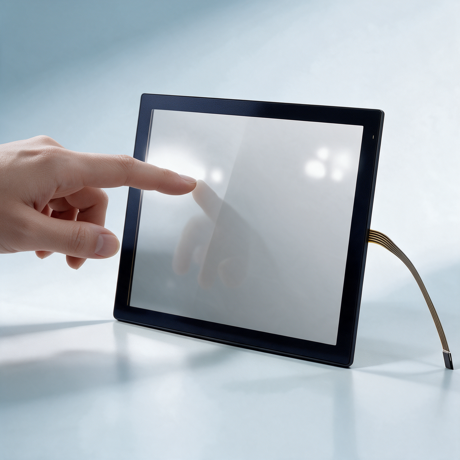 Fingertip operating the cover glass of a capacitive touch panel with a gold flexible ribbon cable (FPC) at its edge