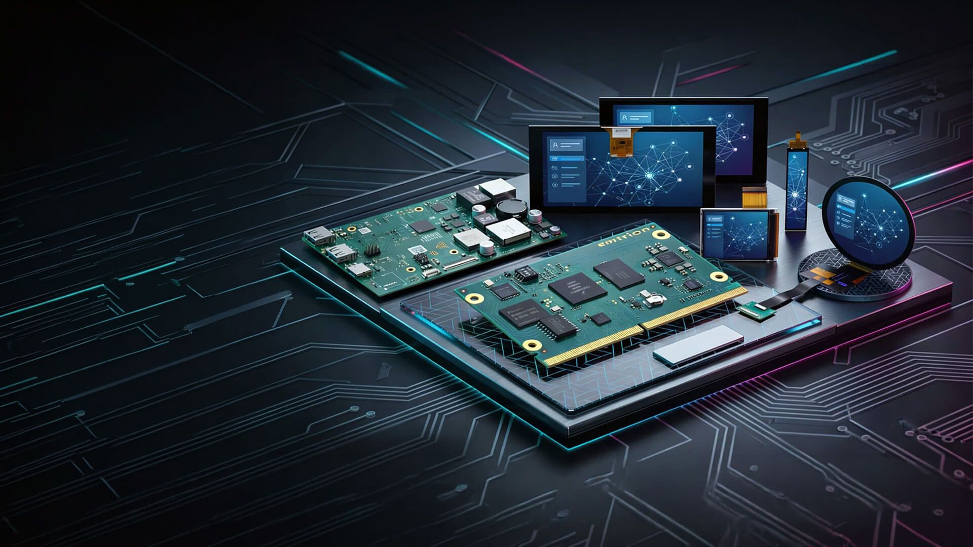 Circuit boards, displays and embedded components representing the IQ Insert and emtrion product line by Schubert System Elektronik.