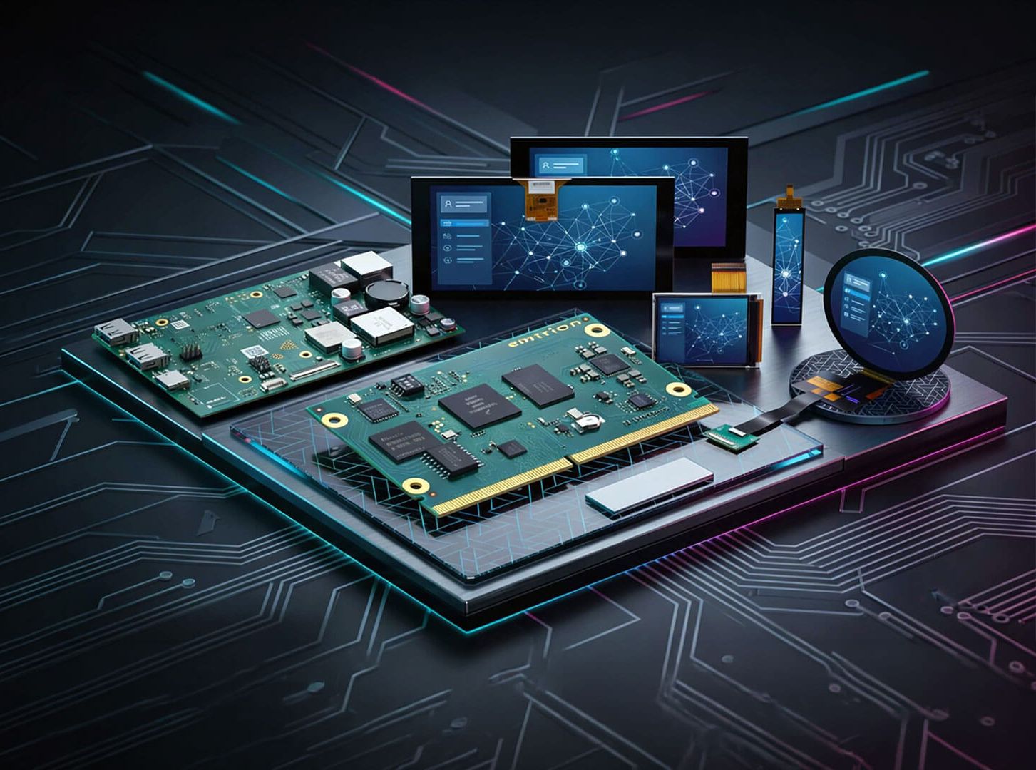 Circuit boards, displays and embedded components representing the IQ Insert and emtrion product line by Schubert System Elektronik.