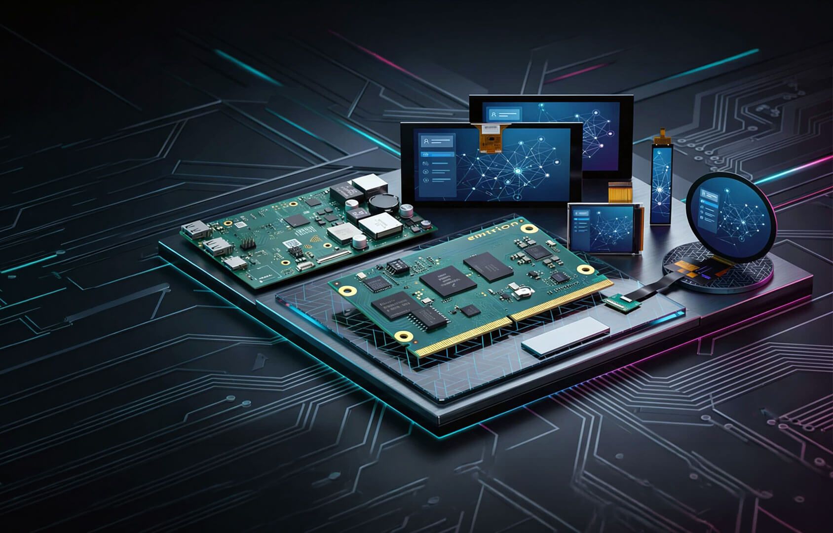 Abgebildet ist das IQ Insert and emtrion - Keyvisual der Schubert System Elektronik. Platinen, Displays und mehr.